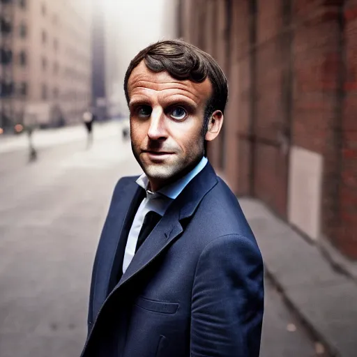 Prompt: closeup portrait of emmanuel macron as a thief in a smoky new york back street, natural light, sharp, detailed face, magazine, press, photo, steve mccurry, david lazar, canon, nikon, focus