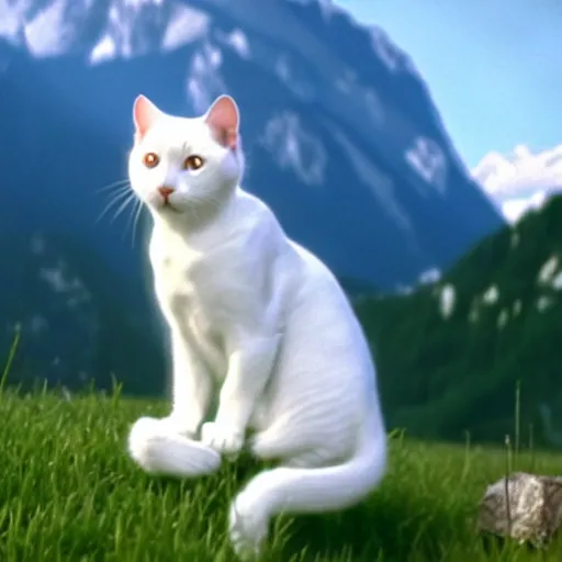 Image similar to a white cat with blue eyes singing to the sound of music, austria, film still, sound of music, 4 k, 8 k