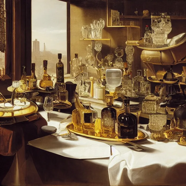 Prompt: still life of a fancy bar in tokyo by pieter claesz, oil on canvas, strong lighting, highly detailed, hyper realism, golden hour, god rays, hd, 4 k