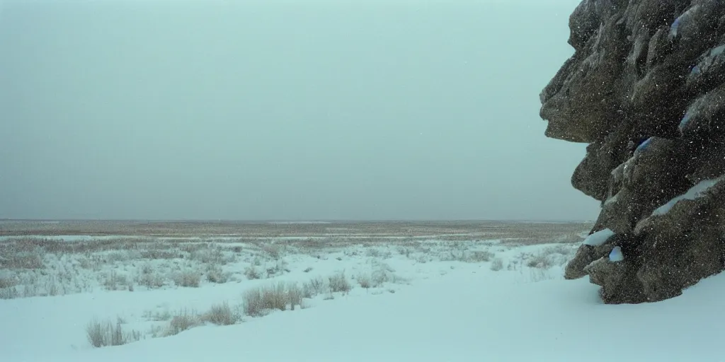 Image similar to photo of green river, wyoming cliffs covered in ice and snow, during a snowstorm. a old man in a trench coat and a cane appears as a hazy silhouette in the distance, looking back over his shoulder. cold color temperature. blue hour morning light, snow storm. hazy atmosphere. humidity haze. kodak ektachrome, greenish expired film, award winning, low contrast.