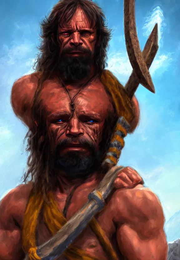 Prompt: a solitary wrestler randy savage with an anchor slung over his shoulder alone in a rocky desolate wasteland | portrait | hd 4 k | fantasy impressionist oil painting | middle earth | pathfinder | artstation | conan | darksun | d & d dungeons and dragons | barbarian