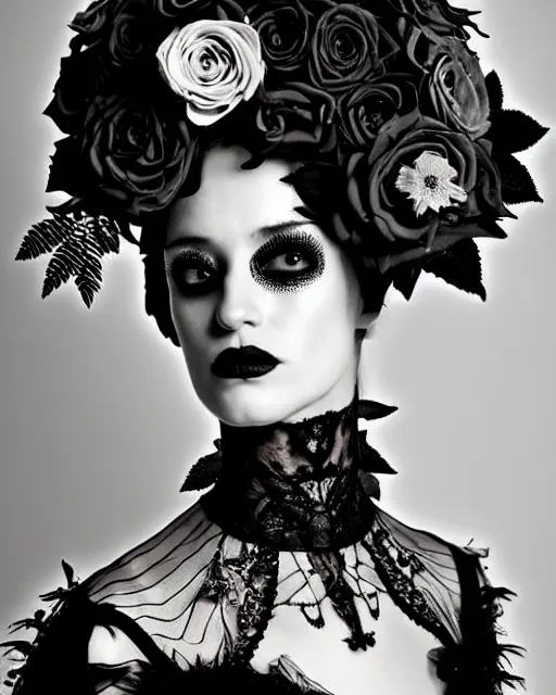 Image similar to surreal dark poetic black and white photo portrait of complex bio-mechanical beautiful young silver female-vegetal-cyborg with a fur metal fine lace face, a very long neck and a fine metal floral foliage super big gothic lace collar and very high big floral crown with many black dry roses by Vivienne Westwood:: smoke, high fashion, haute couture, rococo, avant-garde, silver filigree details, anatomical, facial muscles, cable wires, microchip, elegant, dreamy, foggy atmosphere, hyper realistic, 150 mm lens, soft rim light, octane render, unreal engine, picture was taken in 1910 by Man Ray, volumetric lighting, dramatic light,8k,