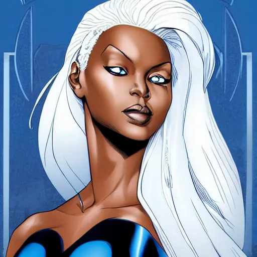 Prompt: Portrait of Ororo Munroe, a beautiful African woman in her 30s, with white hair and piercing blue eyes, symmetrical face, detailed face, gentle face, kind expression, heroic, graphic novel, art by Pepe Larraz,