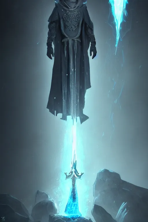 Prompt: A full body portrait of a mysterious sorcerer with a very long hooded grey and blue cloak standing by the sword in the stone by Maciej Kuciara and Jason Chan, ominous, cosmic horror, trending on artstation, Ultra detailed, hyper realistic 4k