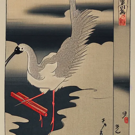 Image similar to 鶴 crane, in the style of hokusai, ukiyo-e