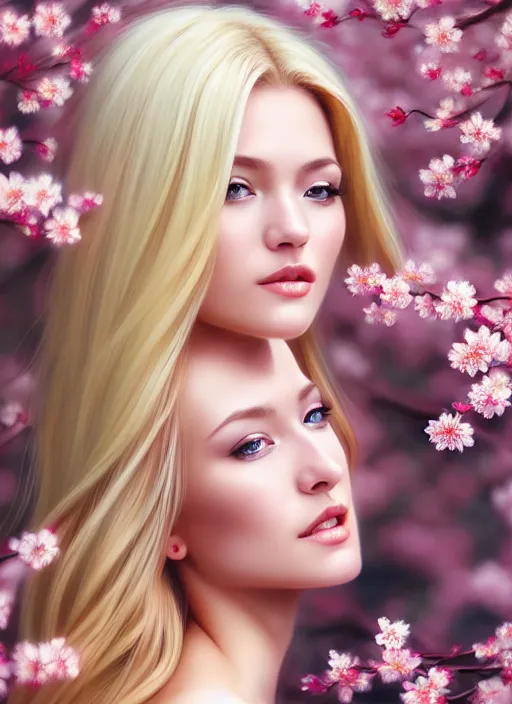 Image similar to photo of a gorgeous blonde female in the style of stefan kostic, realistic, half body shot, sharp focus, 8 k high definition, insanely detailed, intricate, elegant, art by stanley lau and artgerm, extreme blur cherry blossoms background