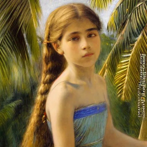 Image similar to a ultradetailed beautiful painting of a girl in the amazonas palace balustrade designed by jules bastien - lepage, tarsila do amaral, frank weston and gustave baumann, beach, trending on artstation, mediterranean, palm trees, detailed face, sharp focus, soft light, 8 k 4 k