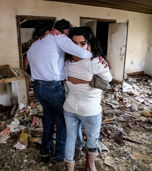 Prompt: Pablo Escobar hugging kim kardashian inside an abandoned house