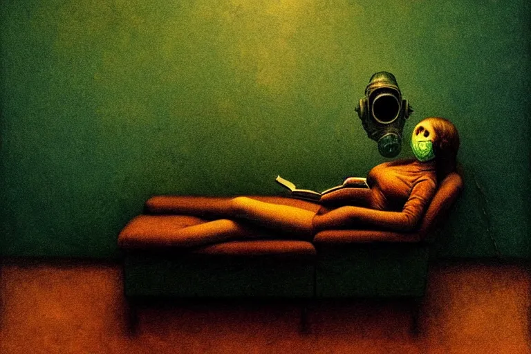 Prompt: girl with wearing a gas mask lying on the sofa reading a book in her room, in the style of beksinski, solarpunk, atmospheric, intricate and epic composition, green by caravaggio, insanely quality, highly detailed, masterpiece, blue light, artstation, 4 k