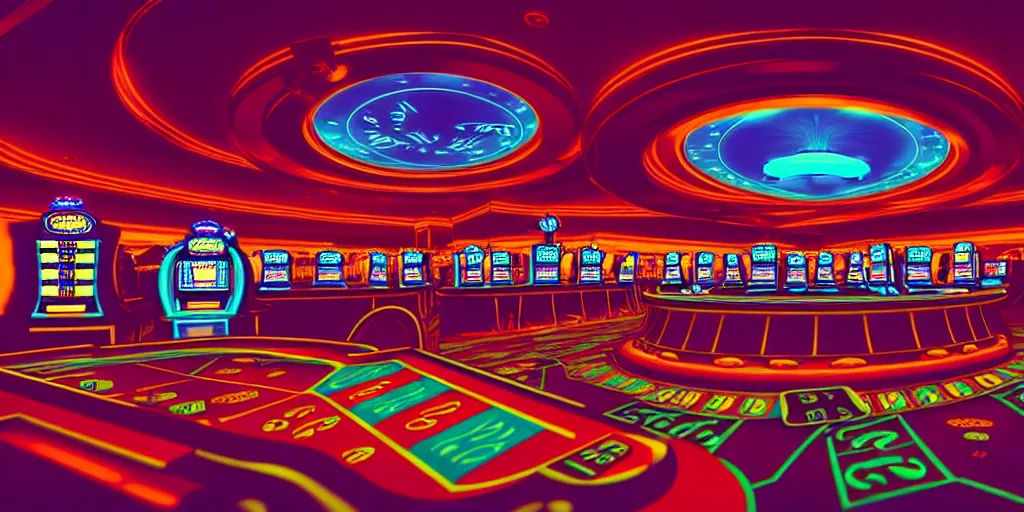 Image similar to extreme wide angle curly perspective digital art of indoor casino with a stage pale colors by anton fadeev from nightmare before christmas