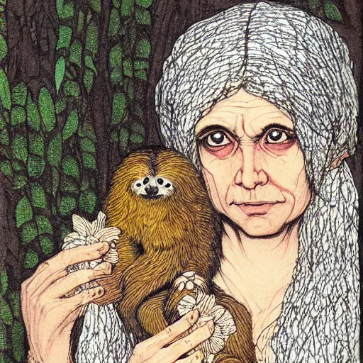 Prompt: a cottagecore indian witch holding a cute sloth, highly detailed, masterpiece, illustrated, art by rebecca guay