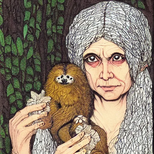 Image similar to a cottagecore indian witch holding a cute sloth, highly detailed, masterpiece, illustrated, art by rebecca guay