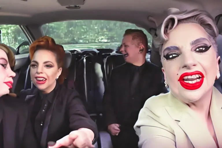 Image similar to lady gaga and judy garland doing carpool karaoke, lady gaga and judy garland, carpool karaoke, lady gaga, judy garland, carpool karaoke, youtube video screenshot, the late late show with james corden, higly realistic, high resolution, dashcam