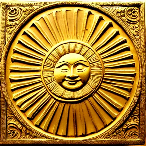 Prompt: ornate engraved carving of a sun on a gold panel