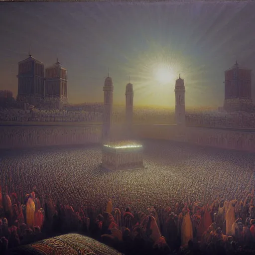 Image similar to painting of mecca on hajj day, highly detailed, volumetric lighting, god rays, by gustave dore and john collier