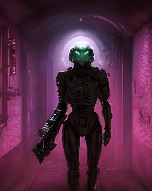 Prompt: Sci-Fi Lizard alien, armored, art by Kashin, Wadim, Martinière, Stephan, holding rifle, sharp focus, pitch black Spaceship hallway background, heroic pose, sci-fi horror artwork, octane render, dead space artwork, cyberpunk, horror, soft purple glow, warm light, occult, magical, volumetric lighting, 8k high definition, highly detailed, trending on art Station, centered, by Greg Rutkovski, sci-fi artwork, arnold render