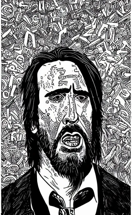 Image similar to mcbess illustration of nicolas cage as john wick in the rain