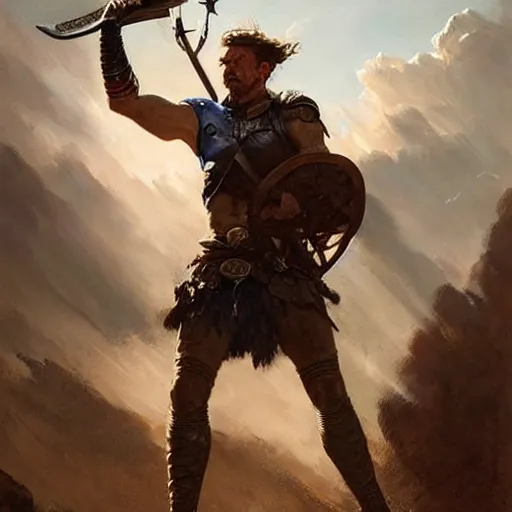 Image similar to Portrait of a rugged ranger marching toward the viewer, male, muscular, blue eyes!!!!, straight nose!!!, detailed face, exposed thighs!!!, fantasy, medieval, highly detailed, painting by greg rutkowski