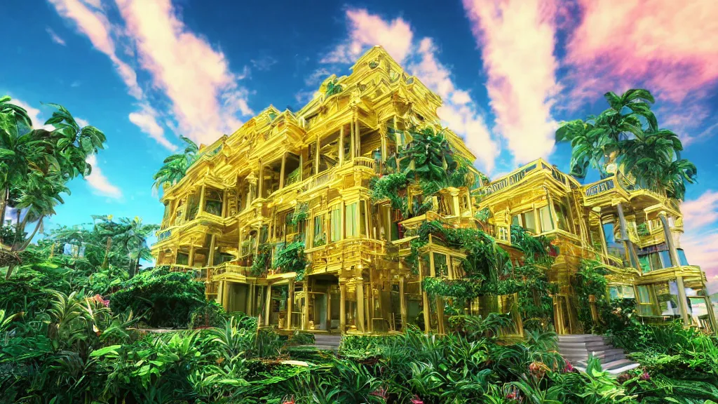 Image similar to golden mansion in a vaporwave jungle, 4k, ultra realistic, award winning photograph