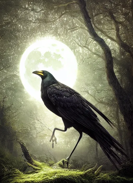 Image similar to glowing silver and golden elements, realistic crow, book cover, green forest, white moon, establishing shot, extremly high detail, photo-realistic, cinematic lighting, by Yoshitaka Amano, Ruan Jia, Kentaro Miura, Artgerm, post processed, concept art, artstation, matte painting, style by eddie mendoza, raphael lacoste, alex ross