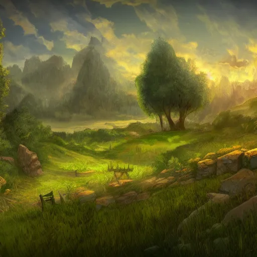 Prompt: medieval fantasy meadow landscape, digital art, trending on artstation, cartoon style, 4k, hd