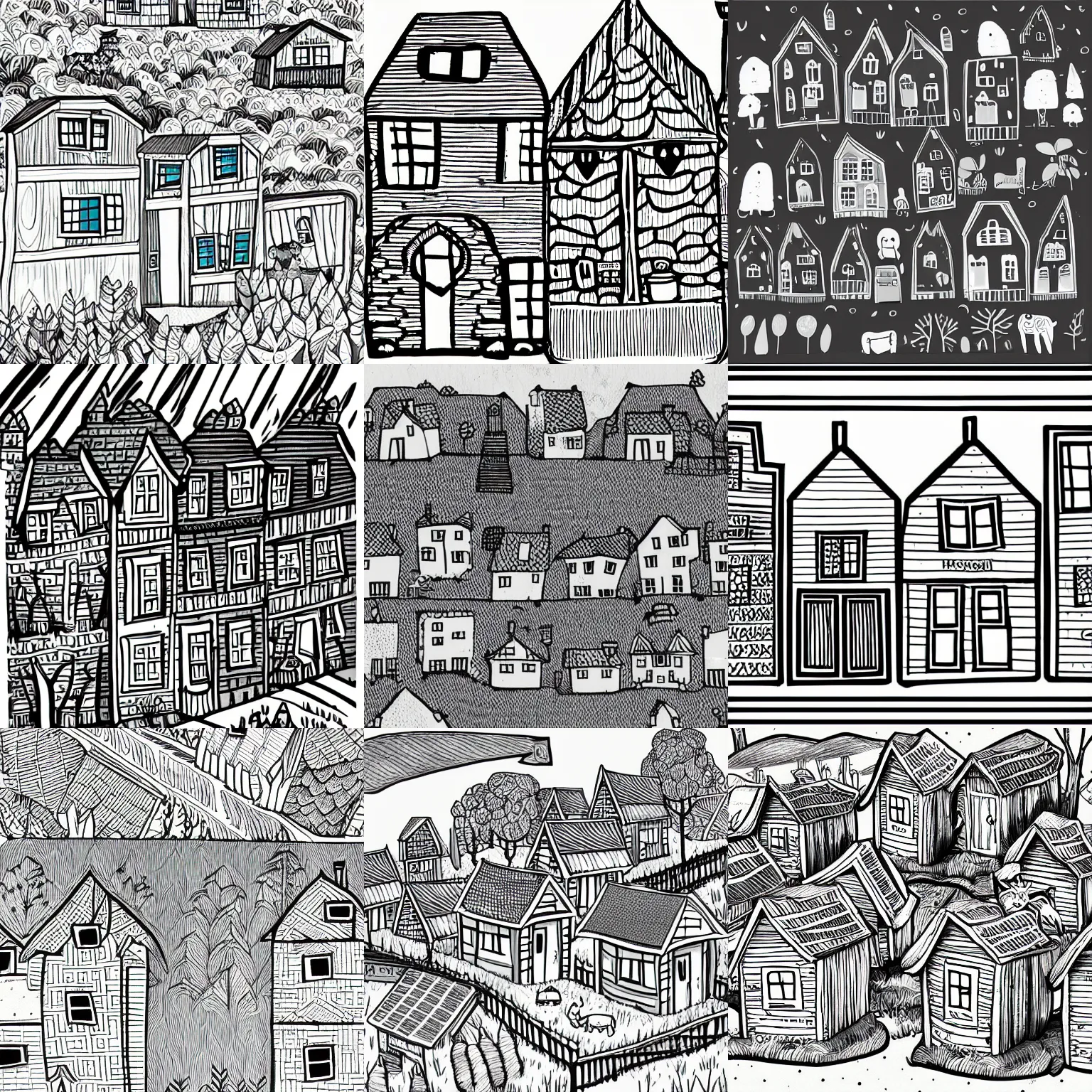 Prompt: illustration of adorable tiny village houses & cute animals, greyscale, line art