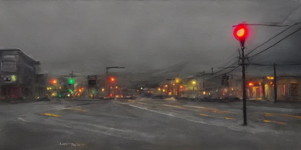 Prompt: painterly, messy, ominous landscape of north bend, washington main street, dark, lonely stop light glowing, twin peaks, lone dark figure