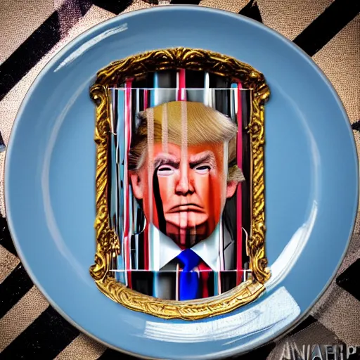 Image similar to trump making fun of cripple in striped prison clothes commemorative plate, 3 d high definition, trending on artstation, intricate detail, finely detailed, small details, extra detail, photorealistic, high resolution, vray, 8 k, octane, hdr, hyper detailed, insane details, intricate, elite, ornate, elegant, luxury