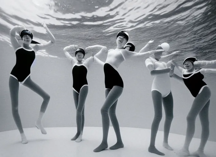 Image similar to realistic photo of a group of common girls in white tights, wearing white spherical helmets, spherical hats, in a big pool with dark black oil water, in a center of the pool with grey black mercury oil water, the sky is grey 2 0 0 0, life magazine photo,