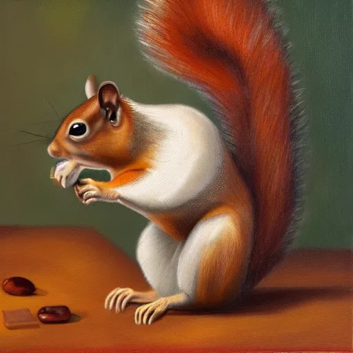 Image similar to oil painting of a muscular squirrel ripping its shirt off, 8 k, high quality