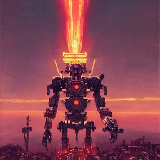 Image similar to giant mayan cyberpunk mecha with flaming eyes standing over city, perfectly clear face, shadow of the colossus screenshot by j. c. leyendecker, simon stalenhag, studio ghibli, and beksinski