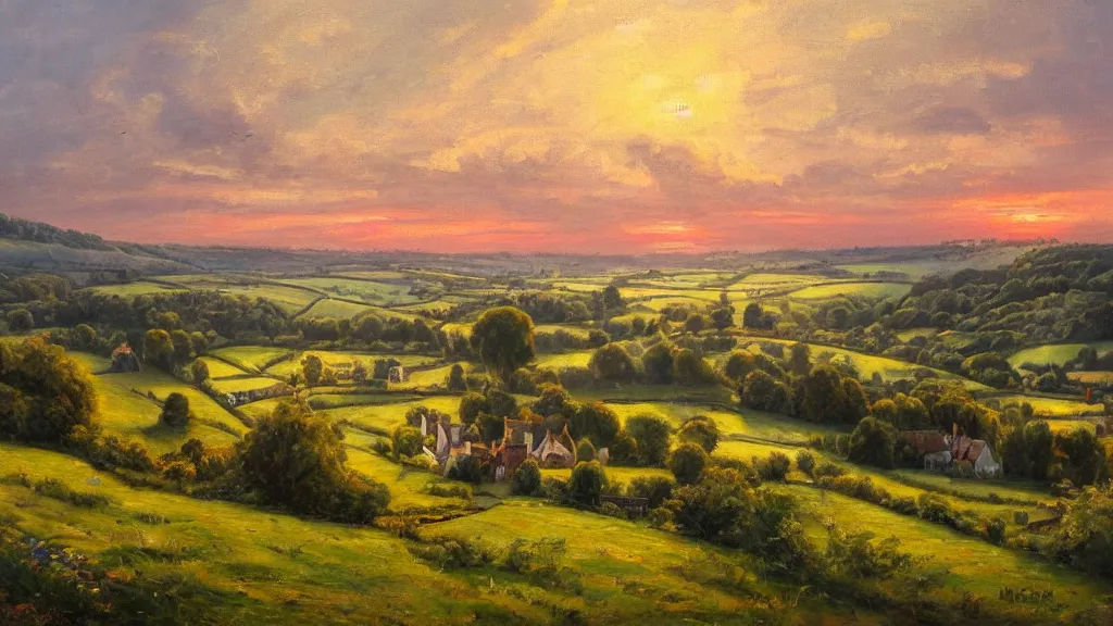 Image similar to beautiful high detail oil landscape painting of an old quaint English village in the countryside, fields and hills in the distance, sunset, ambient light