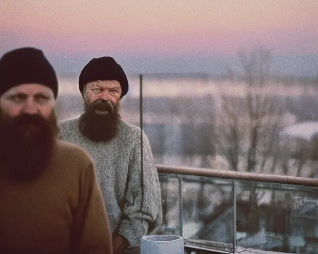 Image similar to lomographic tarkovsky film still of 4 0 years russian man with beard and sweater standing on small hrushevka 9 th floor balcony in taiga looking at sunset, perfect faces, cinestill, bokeh