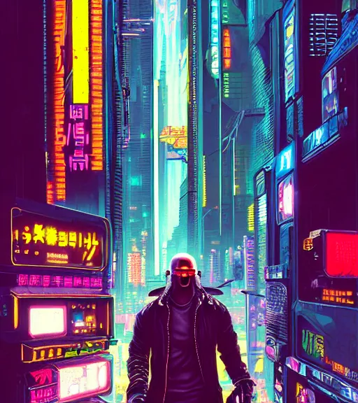 Prompt: a portrait of a cyberpunk choomba, Night City, cyberpunk 2077, very very coherent painting, 1979 OMNI Magazine Cover, street level neo-Tokyo in Cyberpunk 2077 style by Vincent Di Fate by mark arian by artgerm, 4k, 8k, HD, trending on artstation