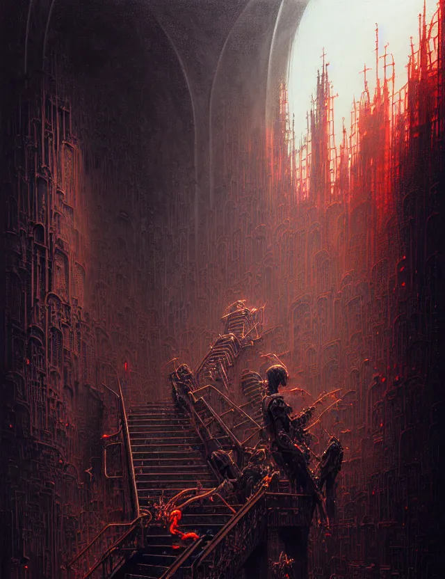 Image similar to detailed portrait, intricate complexity, by greg rutkowski, ross tran, conrad roset, takato yomamoto, ilya kuvshinov huge gothic crematorium on desert planet, elevator, side ramp entrance ambulance dead bodies, guards intricate, painting by lucian freud and mark brooks, bruce pennington, dark colors, neon, death, guards, nice style smoke