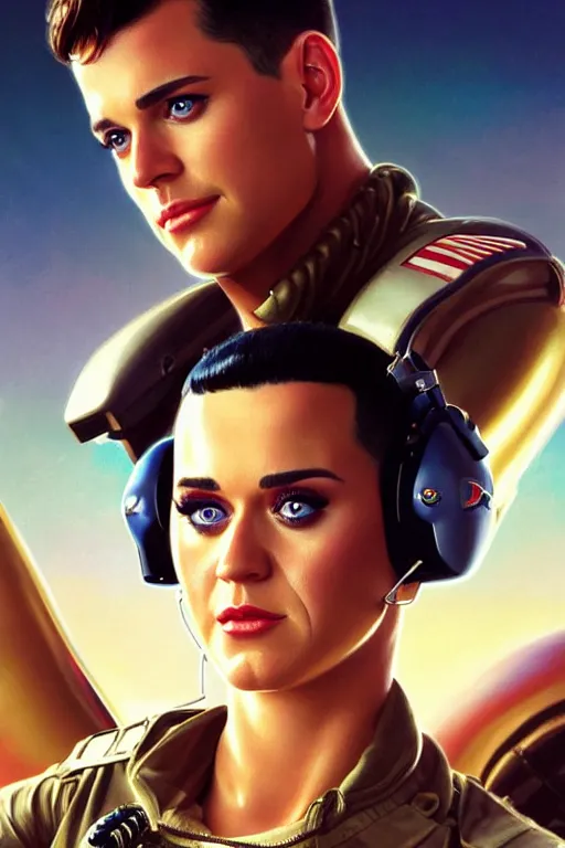 Image similar to katy perry in the movie top gun, realistic portrait, symmetrical, highly detailed, digital painting, artstation, concept art, smooth, sharp focus, illustration, cinematic lighting, art by artgerm and greg rutkowski and alphonse mucha