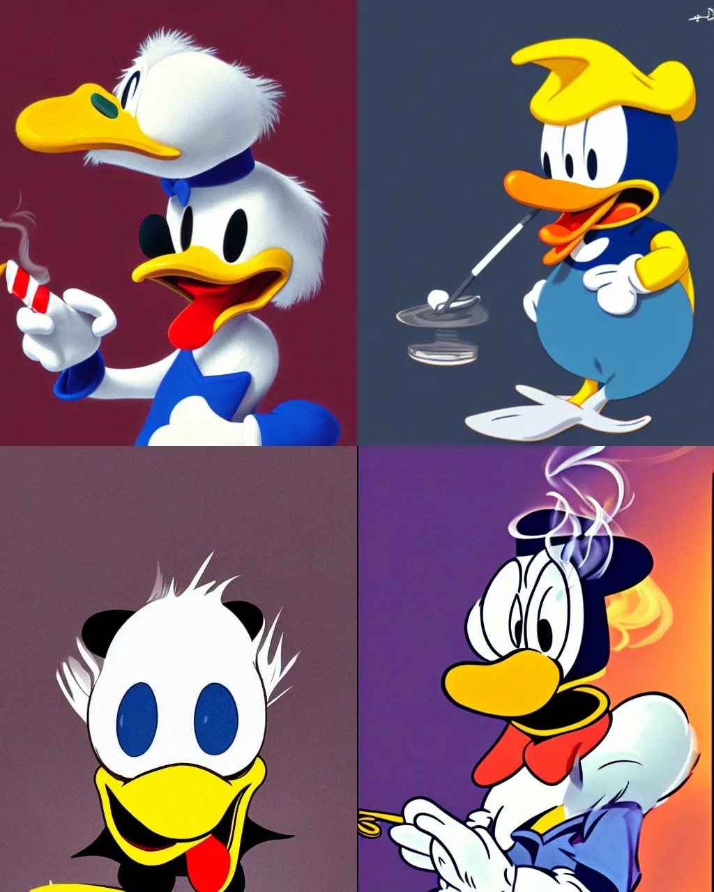 Prompt: sad donald duck smoking joint, smoke, dope, high, postpunk, disney, render, original, trippy, highly detailed, realistic, concept art