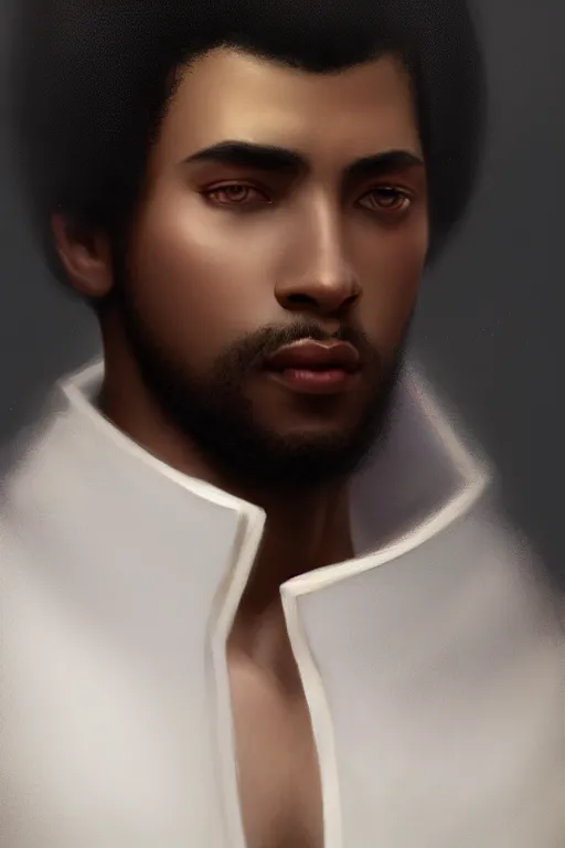 Image similar to a portrait of a black male prince, side profile, white cape, illustration, soft lighting, soft details, dark mood, painting oil on canvas by Edmund Blair Leighton and Charlie Bowater octane render trending on artstation d&d characters, 4k, 8k, HD