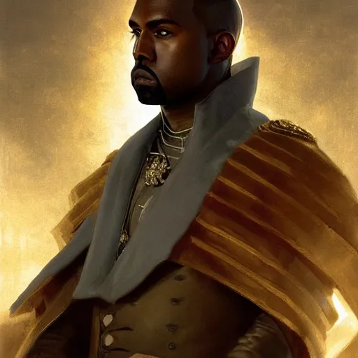 Image similar to Portrait of Kanye West as emperor napoleon, amazing splashscreen artwork, splash art, head slightly tilted, natural light, elegant, intricate, fantasy, atmospheric lighting, cinematic, matte painting, by Greg rutkowski