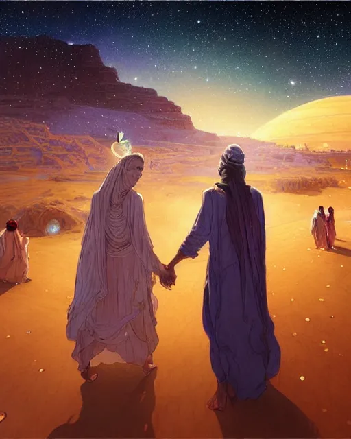 Image similar to bedouin man and woman and child in galaxy walking towards mosque surrounded by nebula, highly detailed, gold filigree, romantic storybook fantasy, soft cinematic lighting, award, disney concept art watercolor illustration by mandy jurgens and alphonse mucha and alena aenami, pastel color palette, featured on artstation