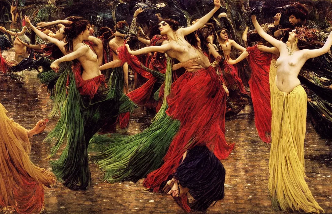 Prompt: midnight mass witches dancing in rain. dynamic gestures. flowing lines and colors highlight the movement. serenity.., film still by kubrick, depicted by herbert james draper, arnold bocklin, john willaim godward, sir lawrence alma - tadema. vibrant dark color palette, very intricate details, minimalist.