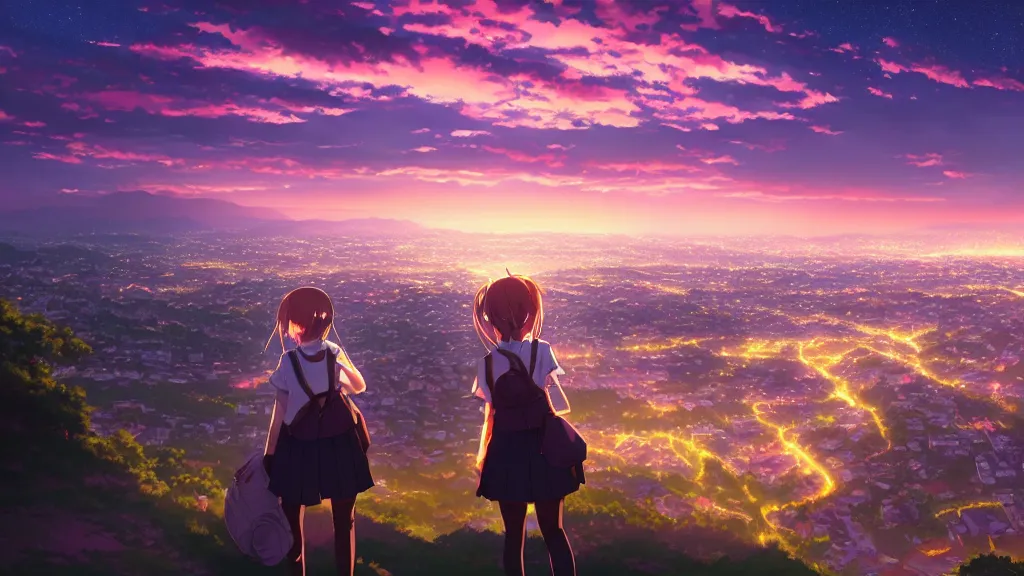 Image similar to a schoolgirl was looking at the city in the distance on the hillside, beautiful and spectacular dusk, sky was half illuminated by the setting sun and half was the beautiful milky way, rich vivid colors, ambient lighting, dynamic lighting, official media, anime key visual, rossdraws, detailed, trending on artstation.