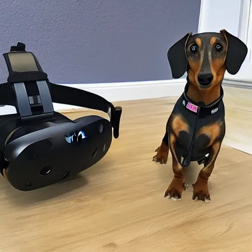 Prompt: dachshund dog wearing vr headset and htc vive trackers recording motion capture