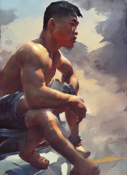 Image similar to greg manchess side portrait of a filipino mma fighter sitting on a tank, organic painting, sunny day, matte painting, bold shapes, hard edges, street art, trending on artstation, by huang guangjian, gil elvgren, ruan jia, randy vargas, greg rutkowski