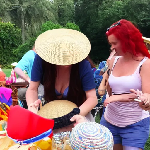 Image similar to DJ at a party, DJ is a red headed woman and is wearing a straw hat and a fanny pack