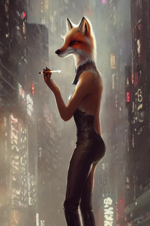 Prompt: beautiful portrait of a tall white female anthro fox smoking a cigarette while standing head and shoulders taller than the bustling crowd of a rainy city street, cyberpunk, harsh neon lights, highly detailed, sharp focus, digital painting, illustration, trending on artstation, art by sakimichan, wlop, greg rutkowski