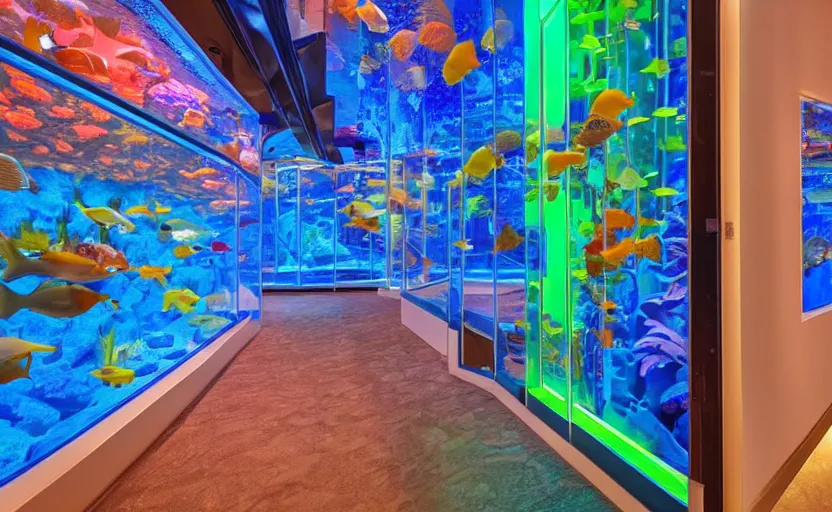 Prompt: inside a fastfood fish restaurant, fluorescent light, bright, atlantis theme, an aquarium at the wall, at the end is a giant door with stairs in front of it