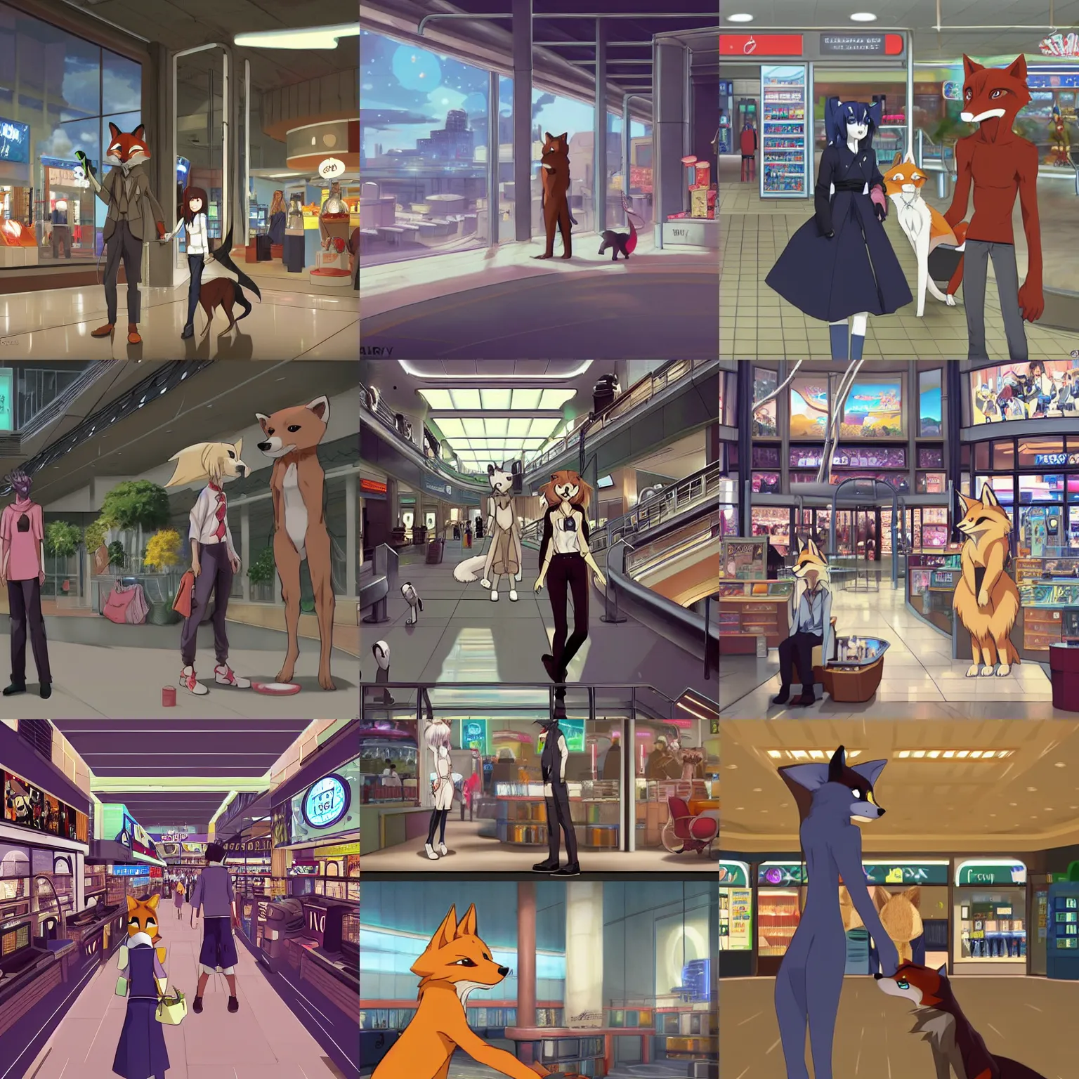 Image similar to an anthropomorphic!!!! furry!!!! ( fox ) shopping at a futuristic mall, photorealistic, anime!!!!, makoto shinkai, james gurney, don!!!! bluth!!!!, hibbary, dark natasha, goldenwolf, furaffinity!!!!