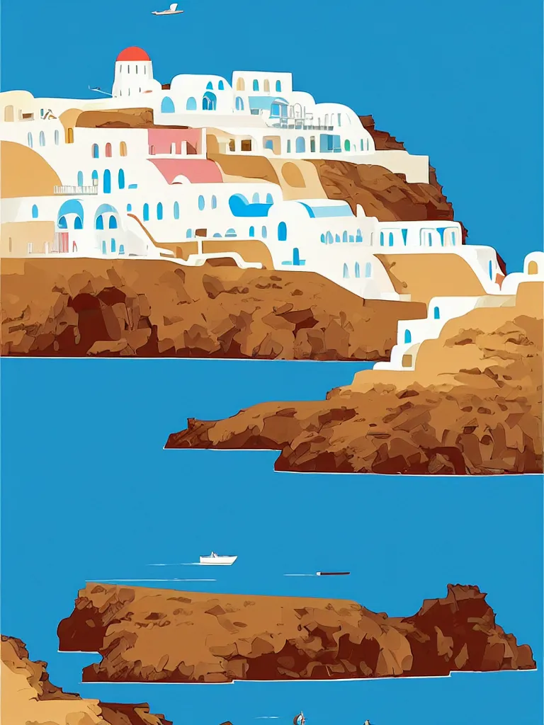 Image similar to a travel poster illustration depicting a house in santorini with an ocean view, vintage style, white architecture, digital painting, vector art, trending on artstration, by anton fadeev, by alena aenami