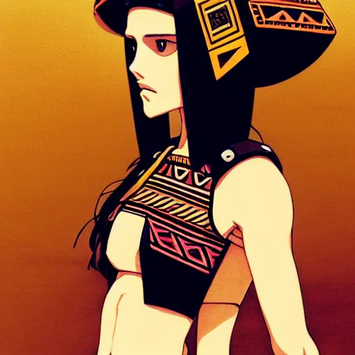 Image similar to beautiful boyish natalie portman alluring gravure model, wearing aztec wooden mask helmet cap and leotard, elegant bulky aztec football gear subtle mayan patterns, elegant aztec bathing suit, gapmoe yandere grimdark, trending on pixiv fanbox, painted by greg rutkowski makoto shinkai takashi takeuchi studio ghibli, akihiko yoshida